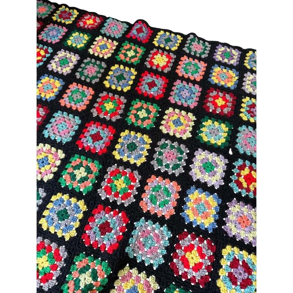 Vtg Afghan Crochet Granny Square Blanket Handmade Throw Black Multicolor 55x39.5